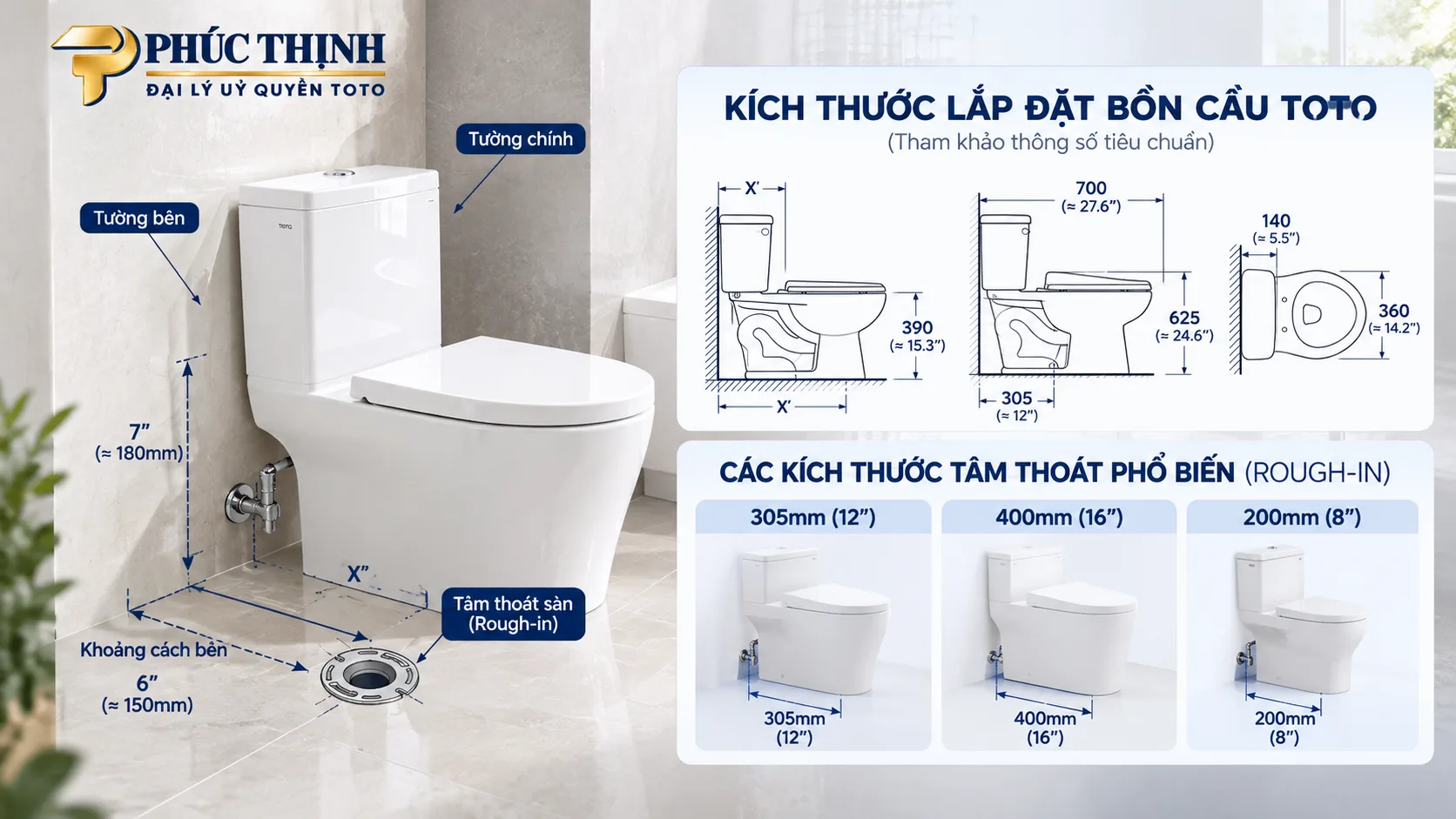 Sơ đồ hướng dẫn đo tâm xả và kích thước bồn cầu trước khi mua và lắp đặt.
