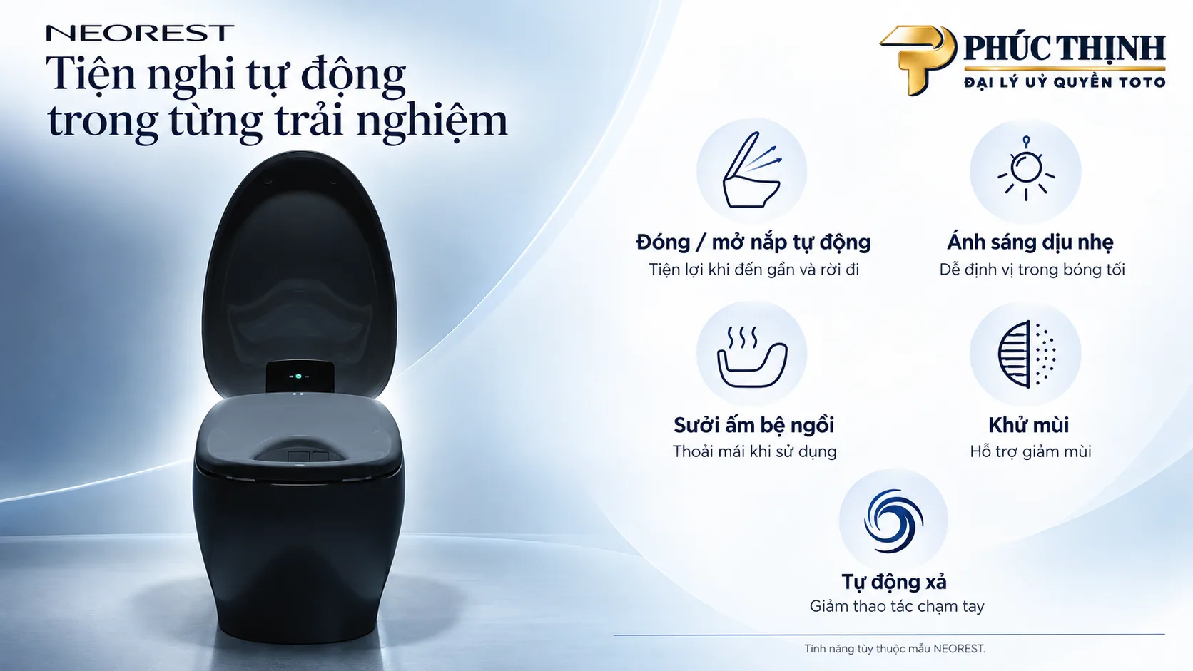 Minh họa các tiện nghi tự động trên TOTO NEOREST: đóng mở nắp, ánh sáng dịu nhẹ, sưởi bệ ngồi, khử mùi và tự động xả