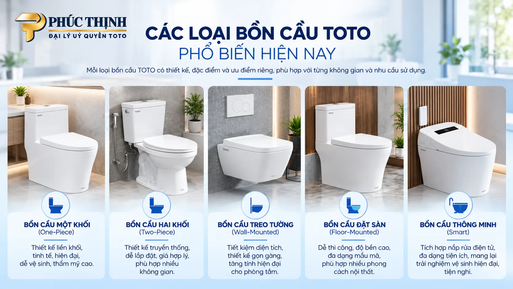 So sánh bốn loại bồn cầu phổ biến gồm hai khối, một khối, treo tường và thông minh.