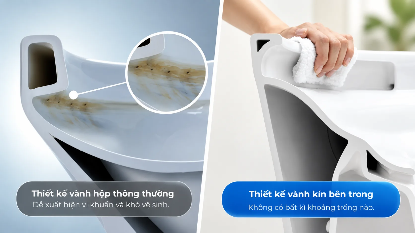 Bồn cầu vành kín Rimless của TOTO so với bồn cầu vành hở