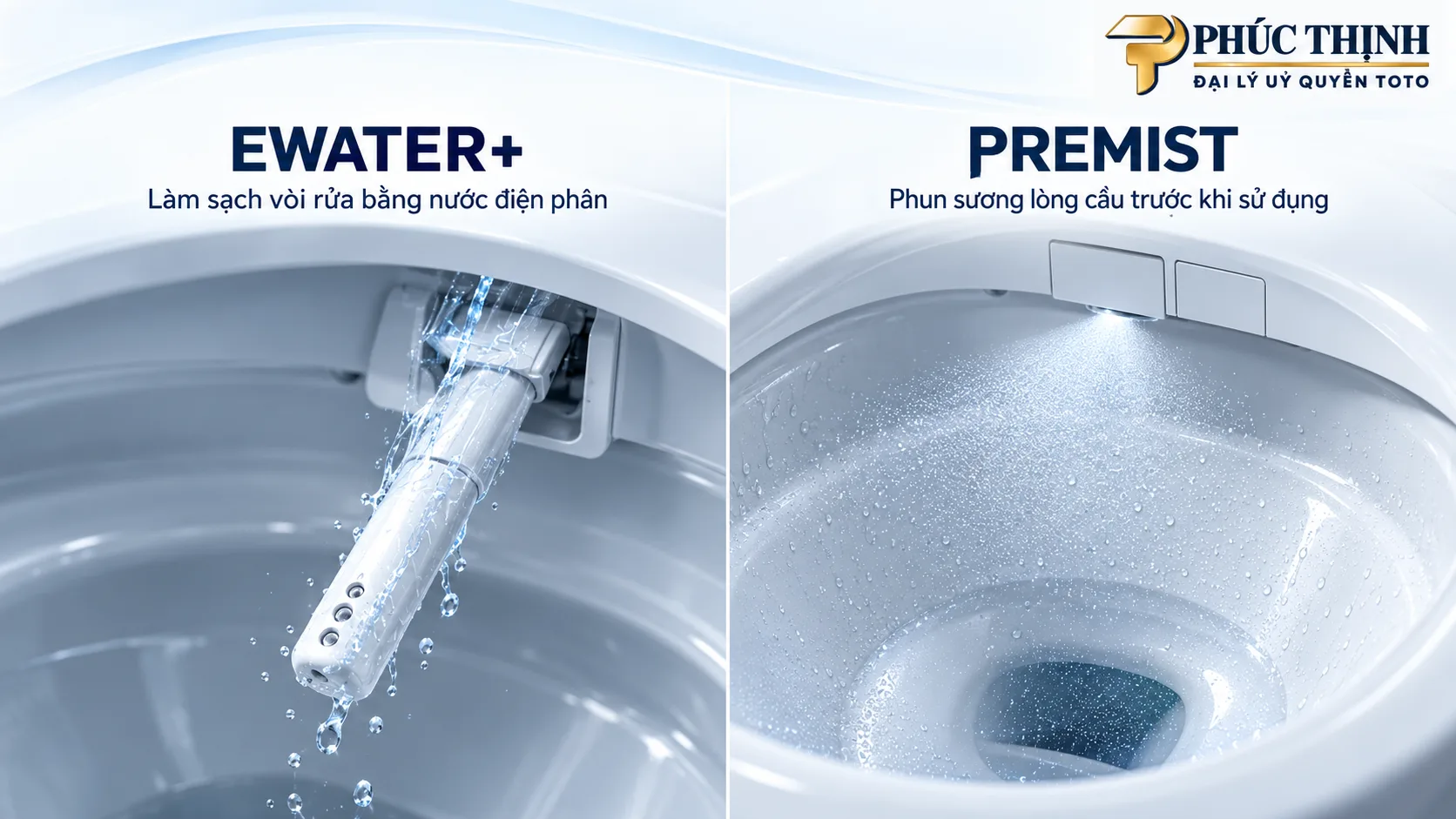 Minh họa EWATER+ làm sạch vòi rửa và PREMIST phun sương lên lòng cầu