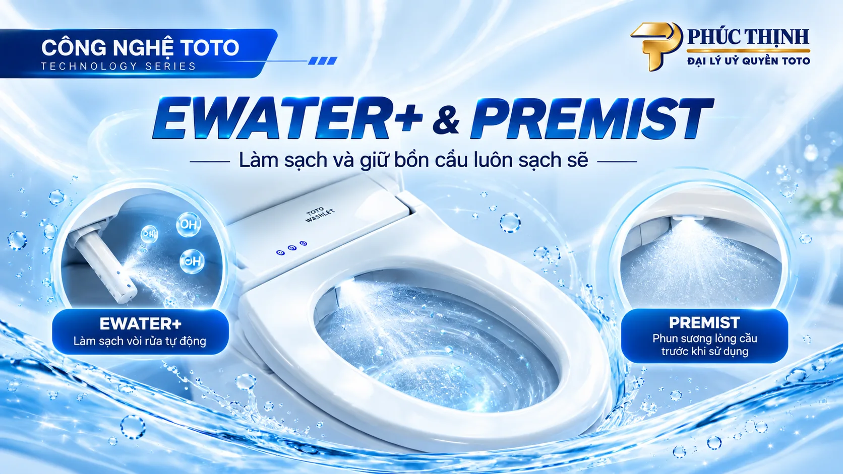 Công nghệ EWATER+ và PREMIST tự làm sạch của bồn cầu TOTO