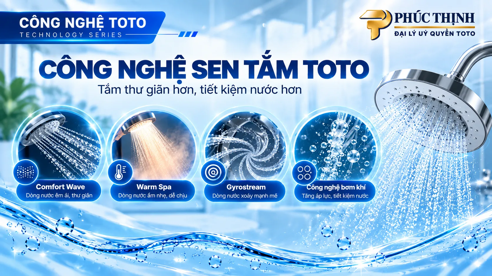 Công nghệ sen tắm TOTO: Comfort Wave, Warm Spa, Gyrostream và công nghệ bơm khí, giúp tắm đã hơn mà vẫn tiết kiệm nước.