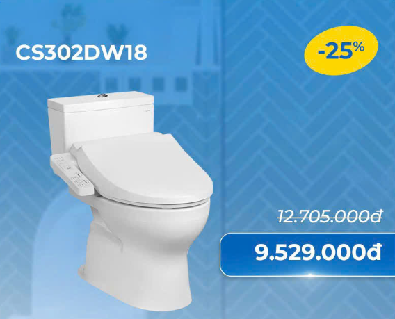 Bàn cầu 2 khối CS302DW18 kèm nắp rửa điện tử WASHLET dòng C2 cơ bản