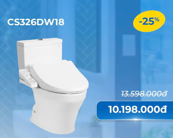 Bàn cầu 2 khối CS326DW18 kèm nắp rửa điện tử WASHLET dòng C2 cơ bản