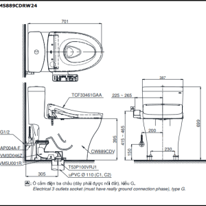 Bàn cầu 1 khối MS889DRW24 kèm nắp rửa điện tử WASHLET dòng S2 – TCF33461GAA